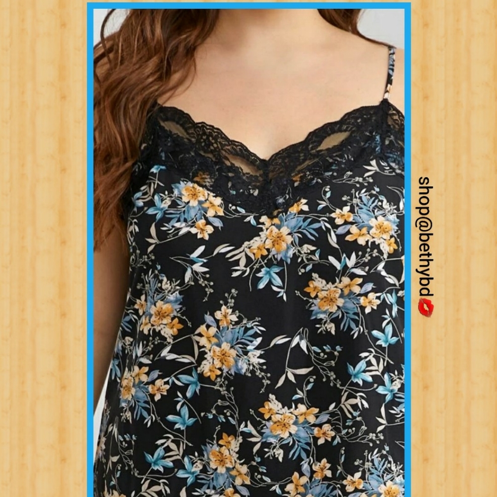 NavyBlue&Gold Floral Cami lace Plus Pajamas - Picture 2 of 6